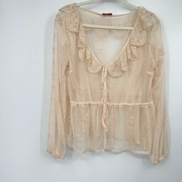 Scully Leather Honey Creek Ivory Embroidered Mesh Tie Front Blouse Woman’s size - Picture 6 of 12
